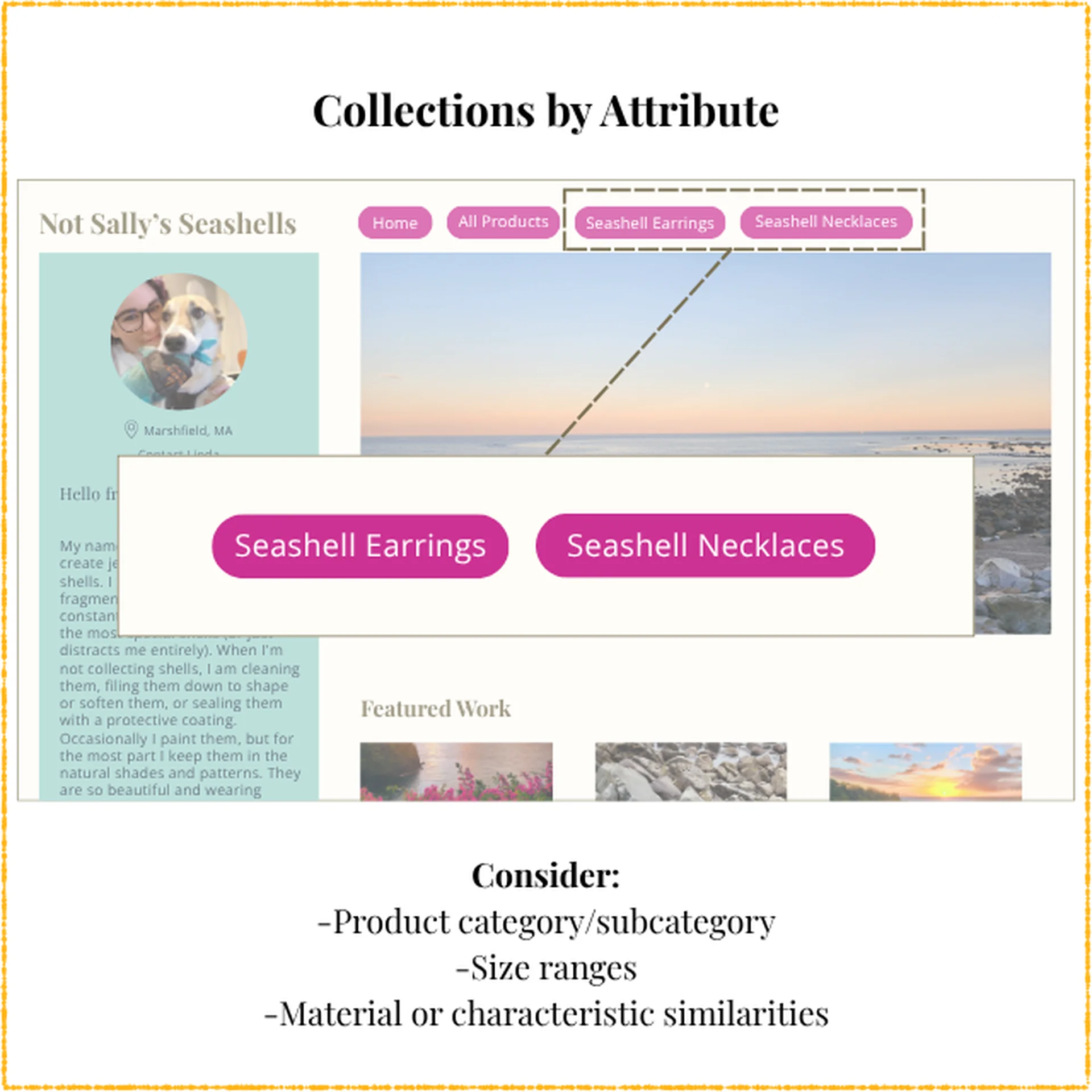 Screenshot of Linda Lobster's online shop, zooming in on the menu links: Seashell Earrings and Seashell Necklaces