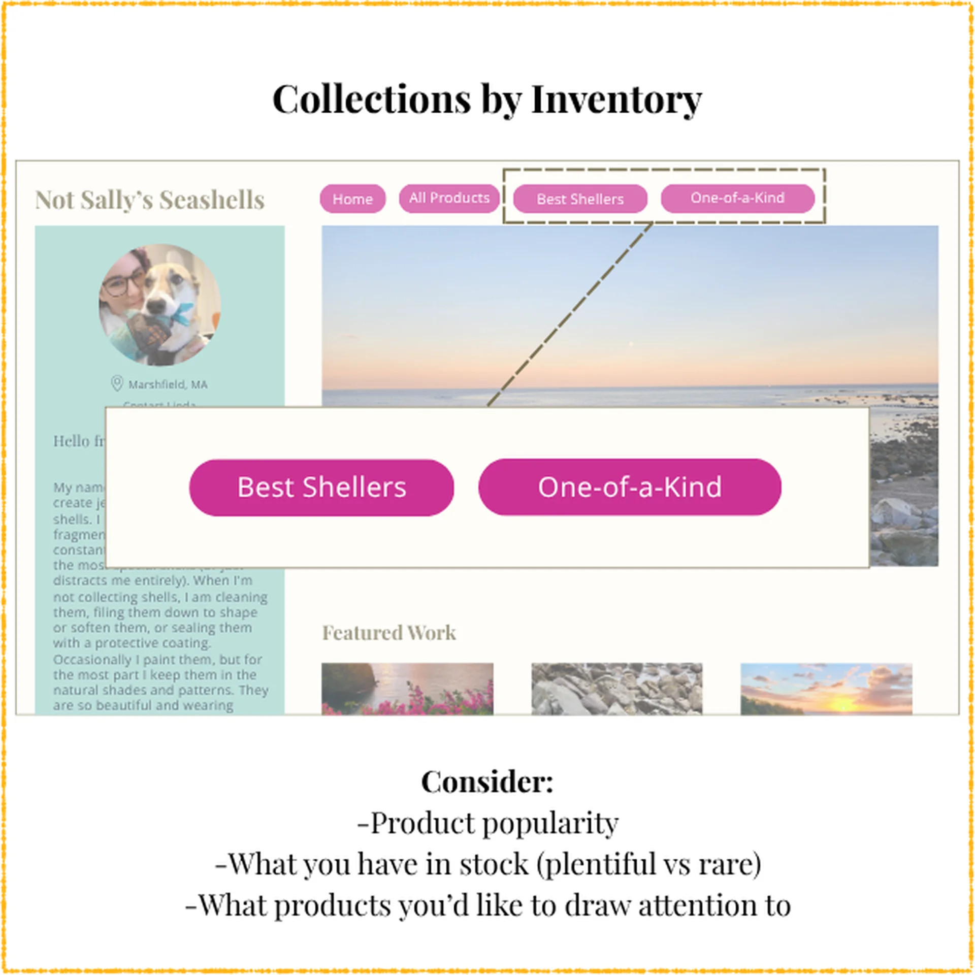 Screenshot of Linda Lobster's online shop, zooming in on the menu links: Best Shellers and One-of-a-Kind