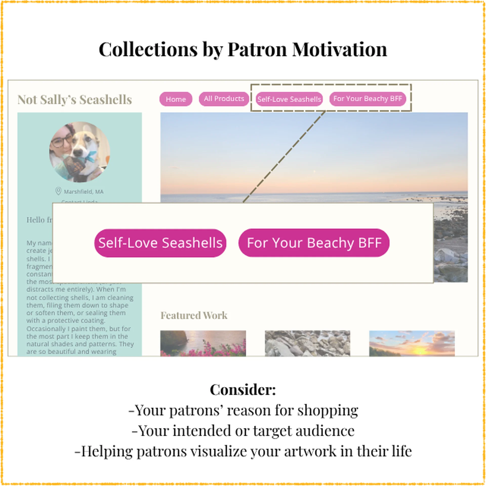Screenshot of Linda Lobster's online shop, zooming in on the menu links: Self-Love Seashells and For Your Beachy BFF