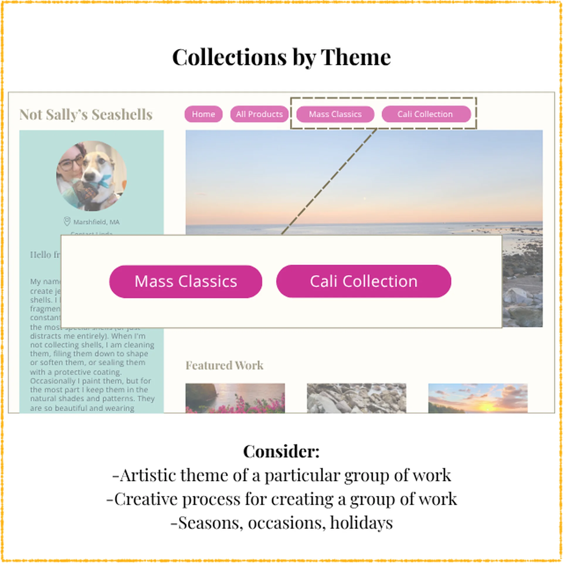 Screenshot of Linda Lobster's online shop, zooming in on the menu links: Mass Classics and Cali Collection