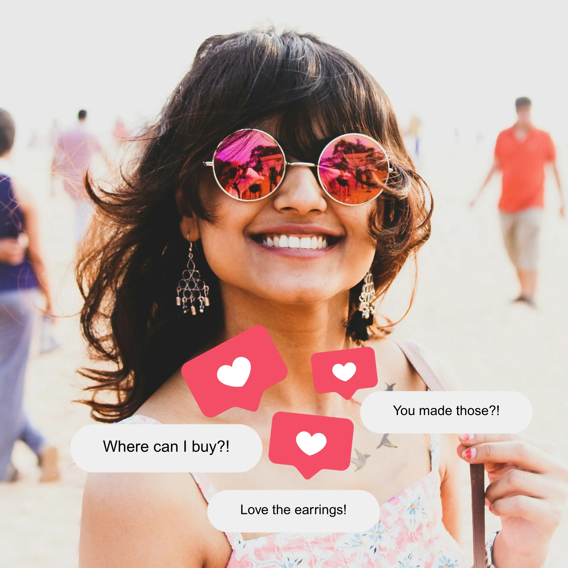 A woman wearing sunglasses and dangly earrings smiles in a beachy location; instagram likes and comments overlay the photo, including the question: "where can I buy?"